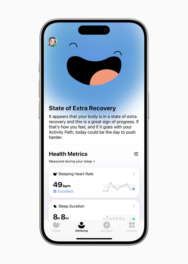 La página Bienestar muestra las métricas de salud de la app Gentler Streak en un iPhone 15 Pro. 