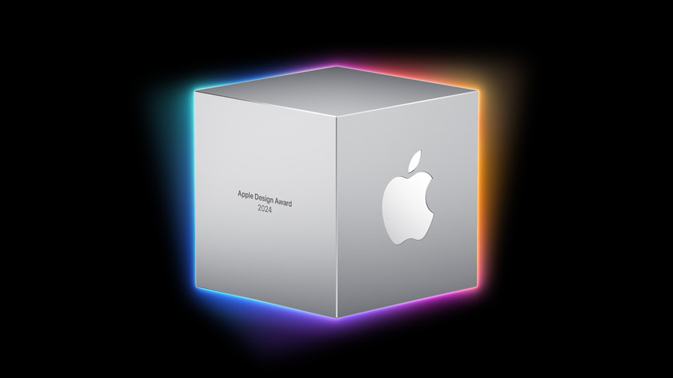 Trofeo de los Apple Design Awards para los ganadores de 2024. 