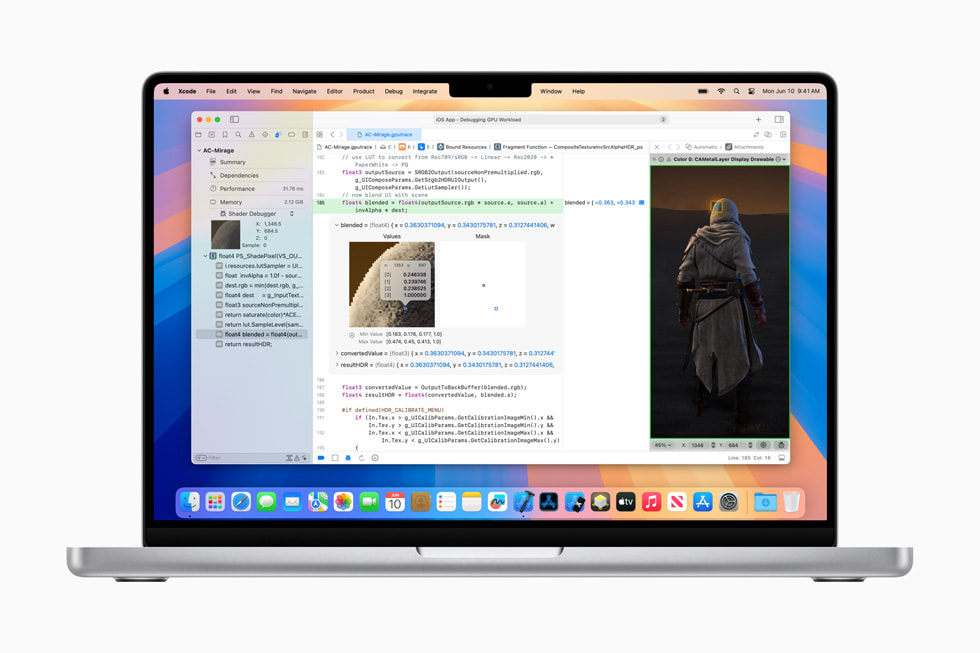 在 14 吋 MacBook Pro 上展示除錯及為 HLSL 著色器的資源建立個人檔案。