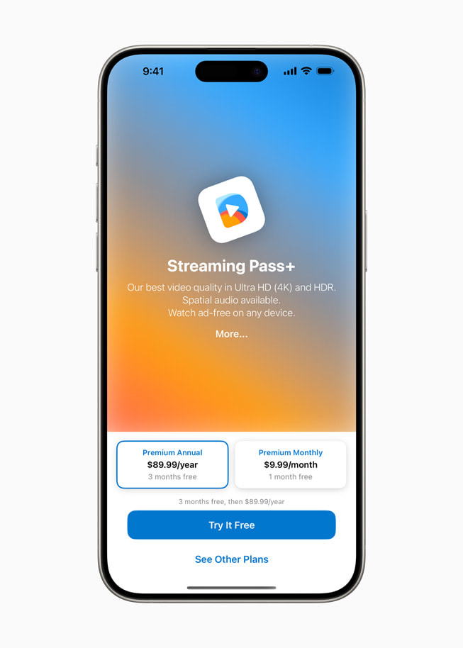 Streaming Pass+ em um iPhone 15 Pro.
