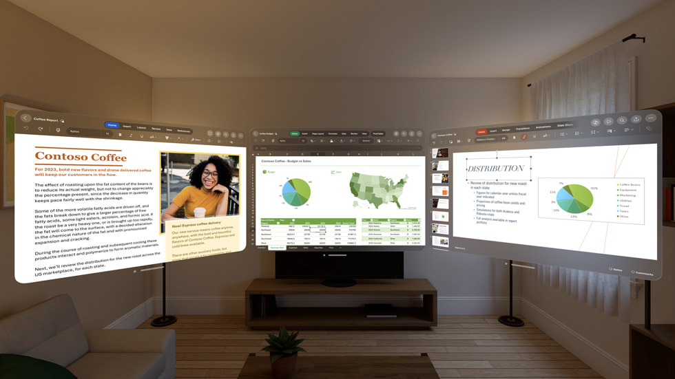 Microsoft Word, Excel et PowerPoint affichés sur l’Apple Vision Pro.