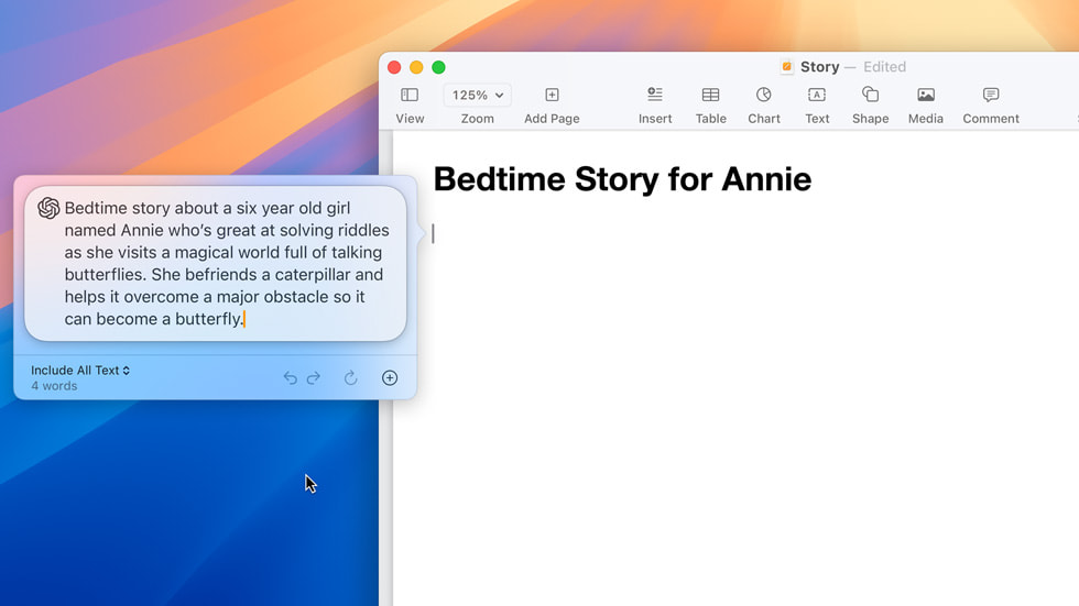 Osoba korzystająca w Pages z narzędzia Utwórz wpisuje polecenie napisania bajki na dobranoc o sześcioletniej Annie, która jest świetna w rozwiązywaniu zagadek.