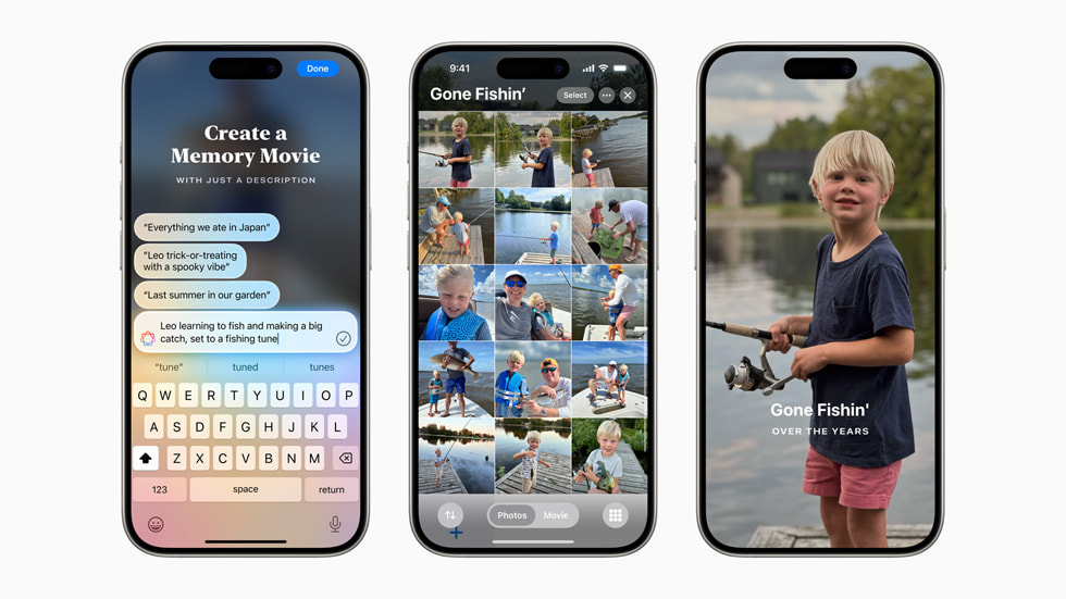 Możliwość tworzenia przez użytkowników filmów Memory Movie pokazana na trzech ekranach iPhone’a 15 Pro.