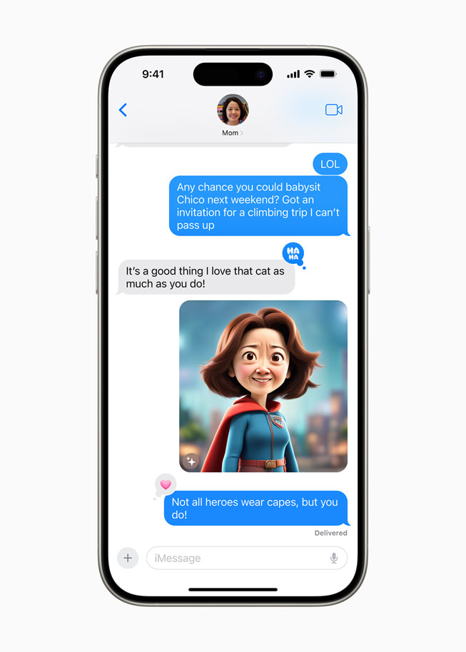 Dans Messages sur un iPhone 15 Pro, une image générée par Image Playground représente la maman de l’utilisateur en super-héroïne.