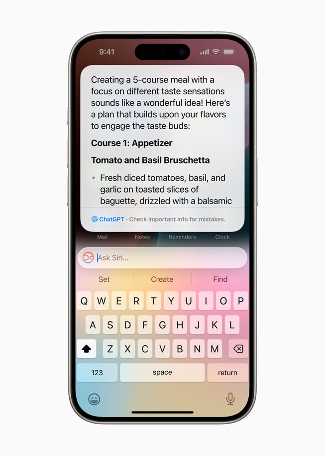 Sur un iPhone 15 Pro, les résultats de ChatGPT sont présentés via Siri. Le premier plat, bruschetta à la tomate et au basilic, est présenté.