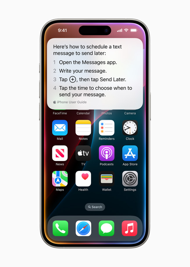 Sur un iPhone 15 Pro, Siri répond à une question sur la planification de l’envoi d’un message texte.
