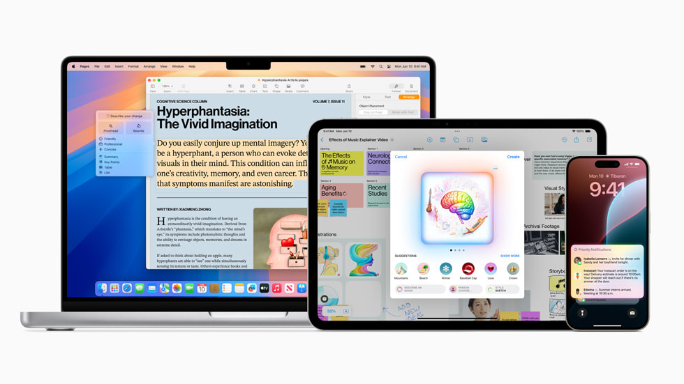 Nowe funkcje Apple Intelligence pokazane na MacBooku Pro, iPadzie Pro i iPhonie 15 Pro.