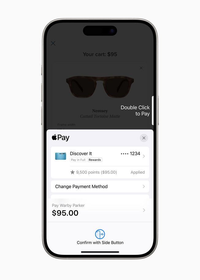 Un iPhone 15 Pro que muestra una compra realizada en Warby Parker y los puntos obtenidos.