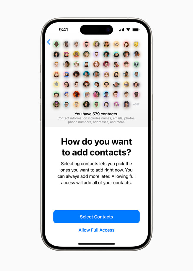 Un iPhone 15 Pro muestra un mensaje en el que se le pregunta al usuario cómo quiere añadir contactos y las opciones para seleccionar contactos y dar acceso a todos.