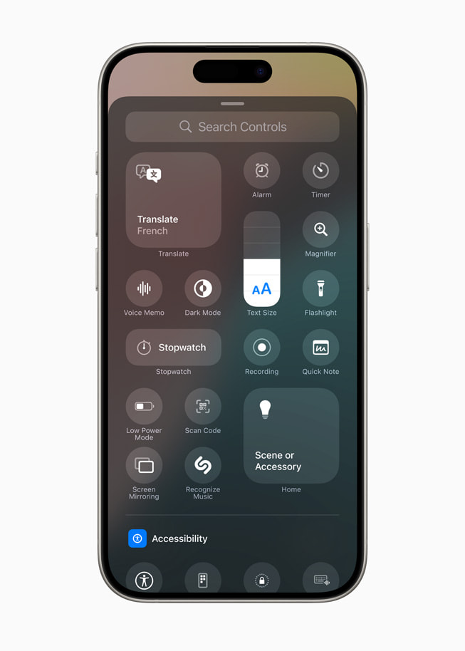 controls galleryが表示されているiPhone 15 Pro。