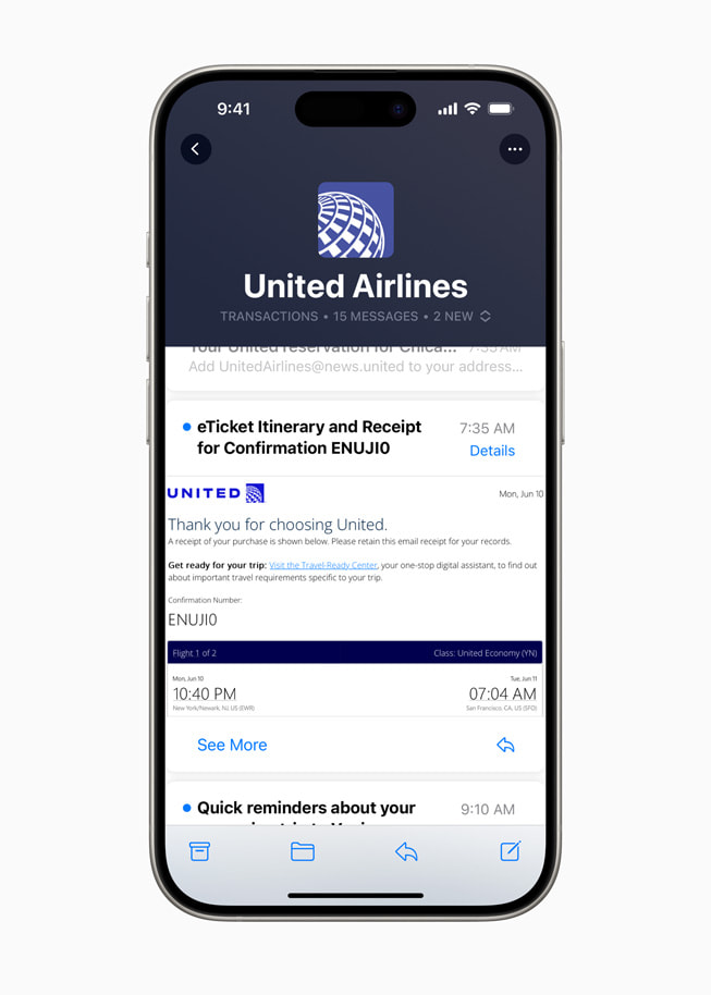 iPhone 15 Pro’da United Airlines’dan gelen birden çok mail’in bulunduğu gelen kutusu gösteriliyor.