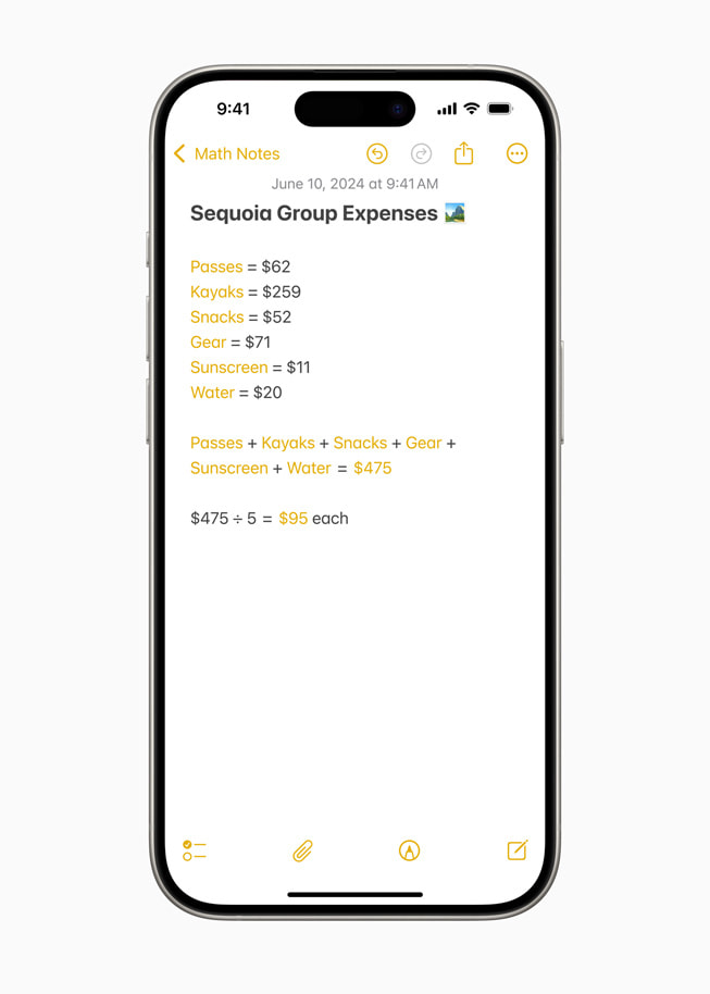 Das iPhone 15 Pro mit einer Berechnung der „Sequoia Group Expenses“ in Math Notes.