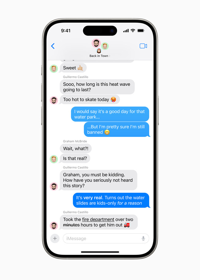 Un iPhone 15 Pro muestra un mensaje que se está escribiendo con la palabra "bouncing" y el efecto de texto Jitter seleccionado.