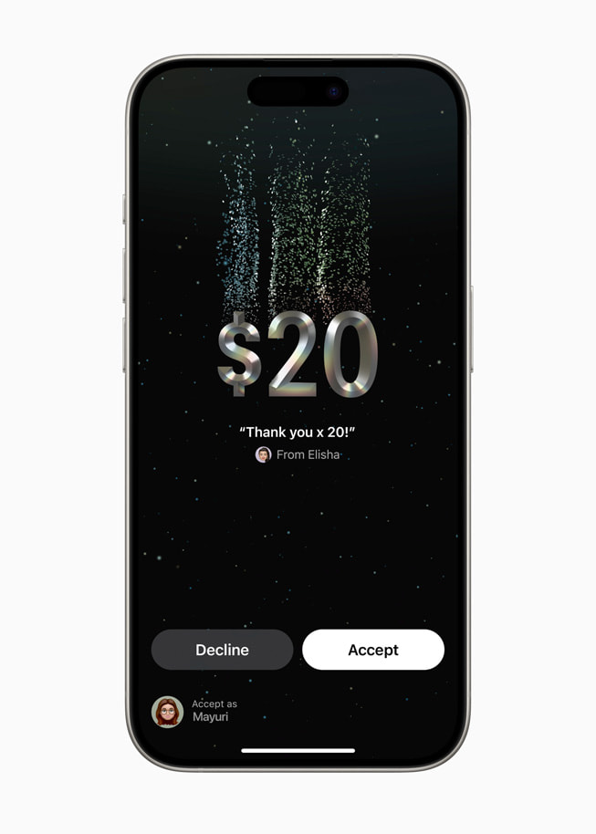 Das iPhone 15 Pro mit einer Tap to Cash Transaktion über 20 $. Zwei Tasten darunter zeigen „Ablehnen“ und „Akzeptieren“.