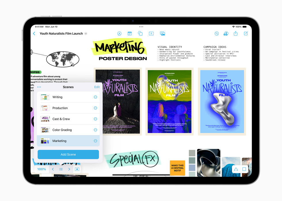 在 iPad Pro 展示名為「市場推廣海報設計」(Marketing Poster Design) 的項目。