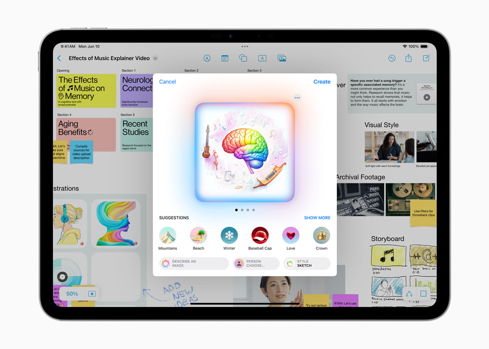 iPad Pro viser et projekt med titlen “The Effect of Music on Memory” sammen med en tegning af en person i profil og farverige noder.