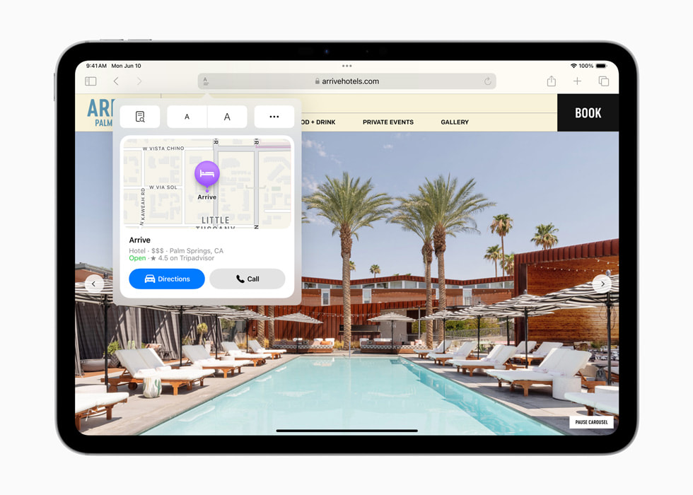 De website van een hotel op iPad Pro, met een venster waarop een kaart met de locatie van het hotel wordt weergegeven. 