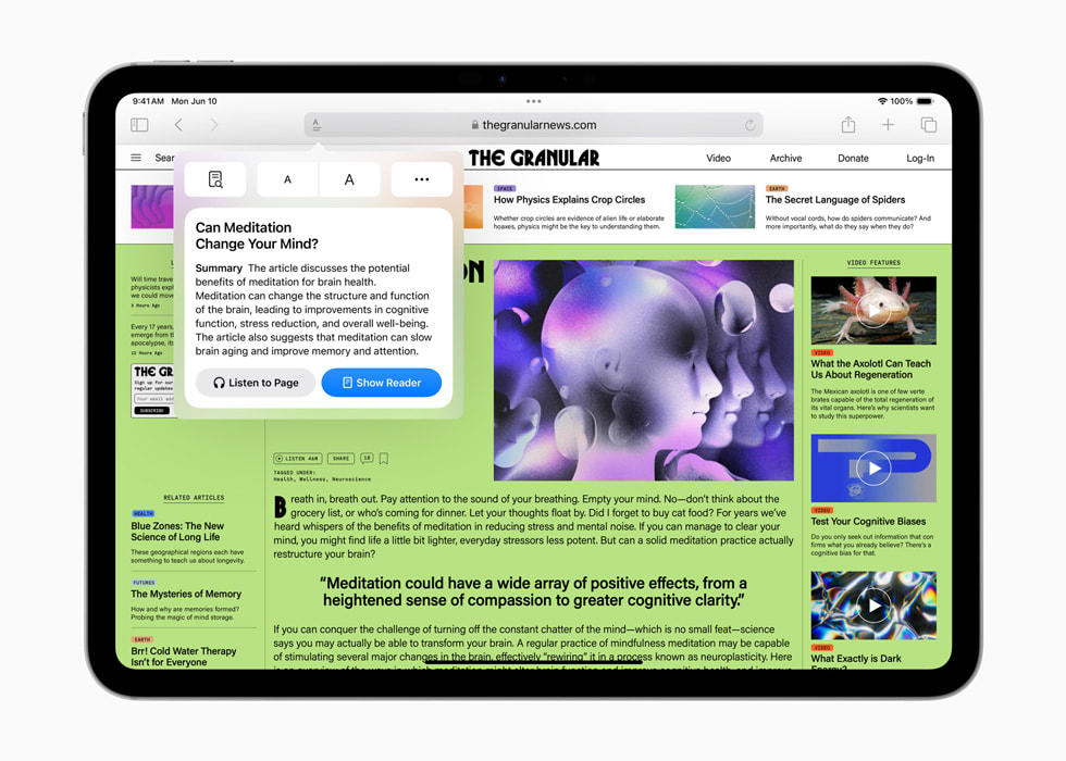 iPad Pro viser en artikkel om meditasjon fra The Granular, sammen med en rute som viser en oppsummering av artikkelen. 