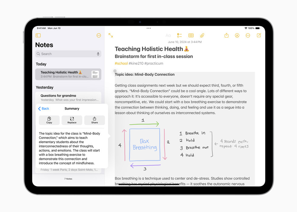 在 iPad Pro 上展示標示為「Teaching Holistic Health」的備忘錄，旁邊的總結欄把資料精簡成一段文字。 