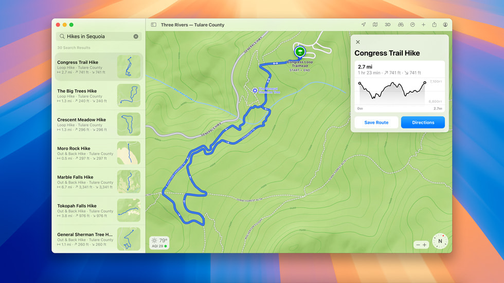 A user’s MacBook Pro desktop shows a route for the Congress Trail Hike in Apple Maps.