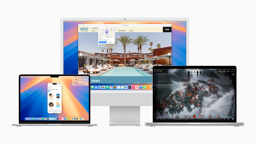 Un MacBook Pro che mostra la funzione iPhone Mirroring, un Mac che mostra la funzione Highlights di Safari e un altro MacBook Pro che mostra l’esperienza di gaming ancora più coinvolgente.