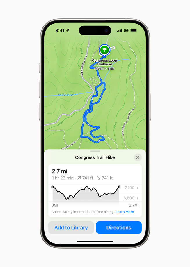 På iPhone 15 Pro vises Congress Trail Hike-ruten i Apple Maps.