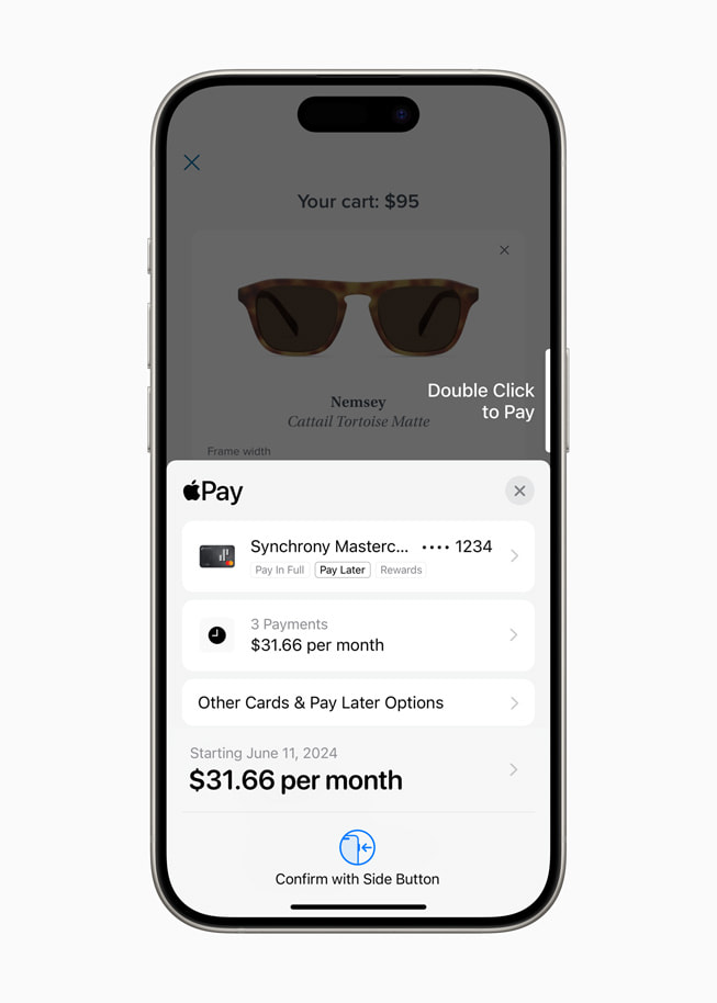En iPhone 15 Pro viser den nye funktion til indløsning af bonuspoint i Apple Pay.