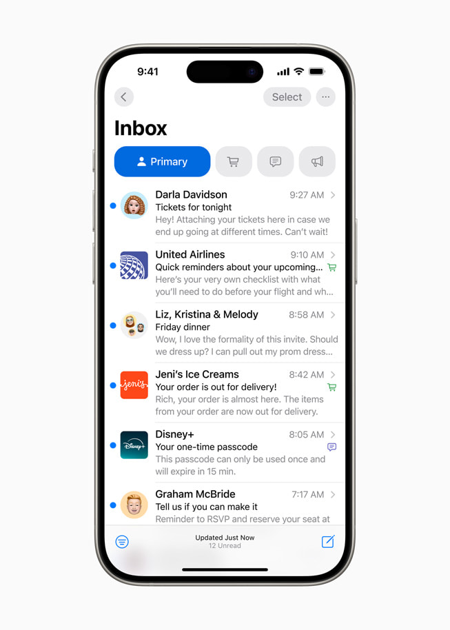 El nuevo buzón de entrada prioritario de iCloud Mail se muestra en un iPhone 15 Pro.