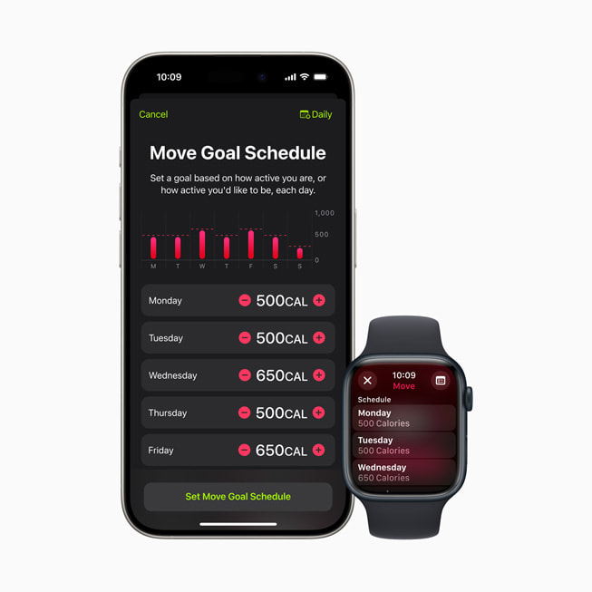 Das iPhone 15 Pro und die Apple Watch Series 9 mit einem Menü, in dem Nutzer:innen den Zeitplan für ihr Bewegungsziel festlegen können.