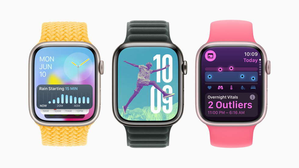 三只 Apple Watch Series 9 裝置展示 watchOS 11 的全新功能。