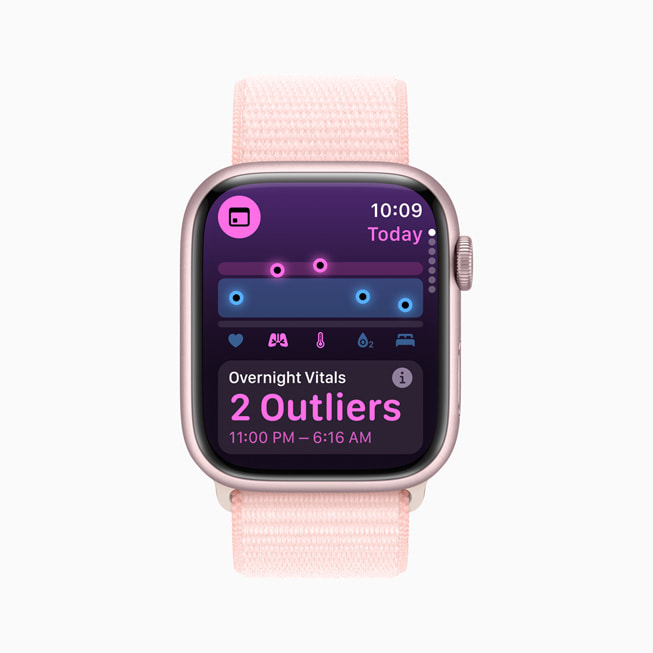 Apple Watch Series 9 的「Vitals」app 顯示使用者的異常夜間指標。