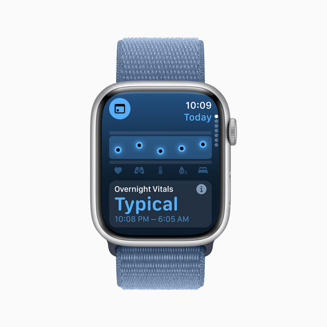 L’Apple Watch Series 9 avec l’app Signes vitaux affichant des données de santé normales mesurées pendant la nuit.