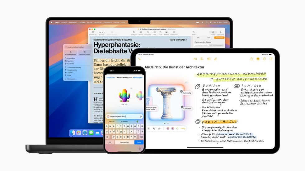 Umschreiben, Erstellen von Genmojis und Image Playground auf einem MacBook Pro, iPhone 16 und iPad Pro.
