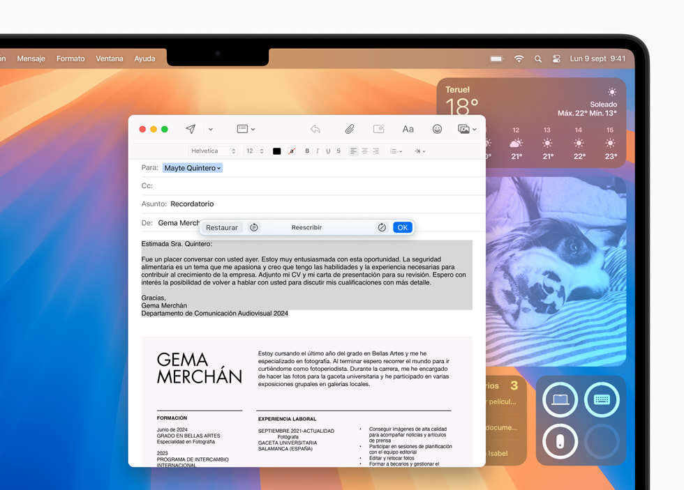Un MacBook Pro muestra Herramientas de Escritura en Mail.