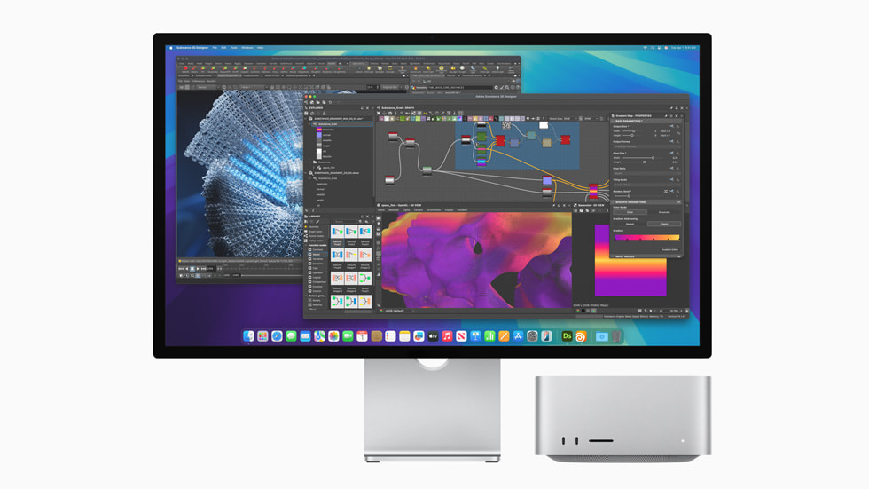 El Mac Studio junto a un Studio Display con un proyecto de Adobe Substance en la pantalla.