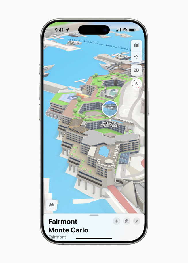 Apple Karten zeigt das Fairmont Monte Carlo als Sehenswürdigkeit in 3D auf einem iPhone 16 Pro.