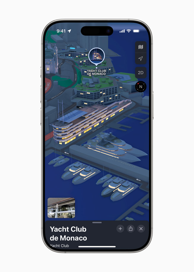 Apple Karten zeigt den Yacht Club de Monaco als Sehenswürdigkeit in 3D auf einem iPhone 16 Pro.