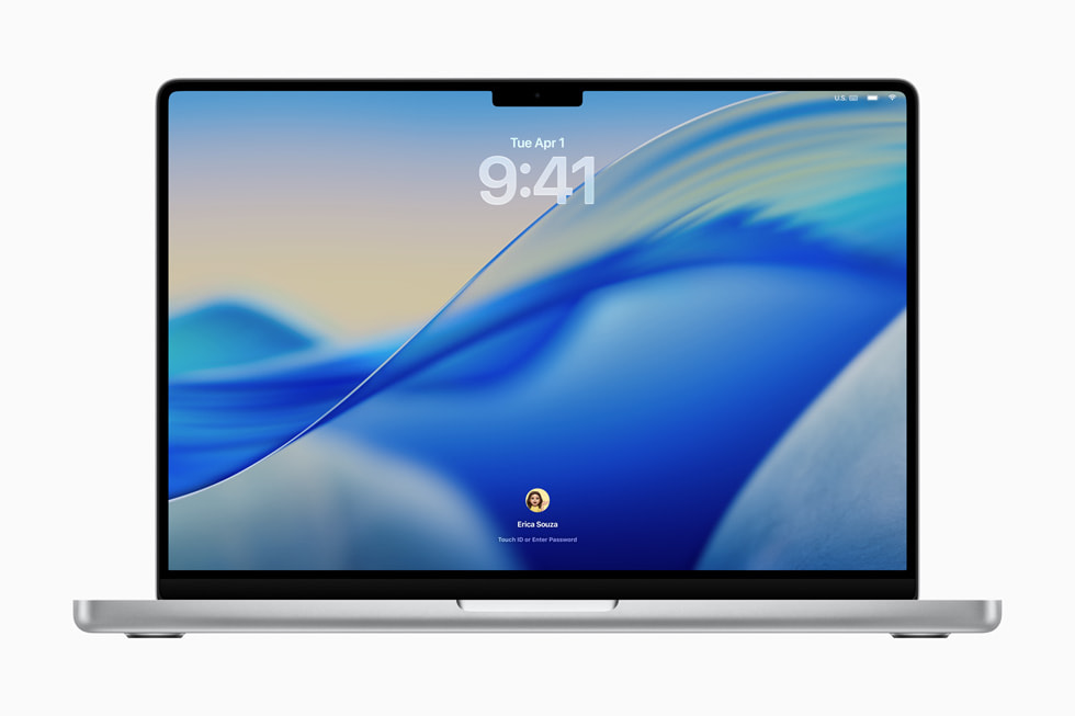 16 inç MacBook Pro’nun Kilit Ekranı’nda macOS Tahoe’nun yeni tasarımı gösteriliyor.