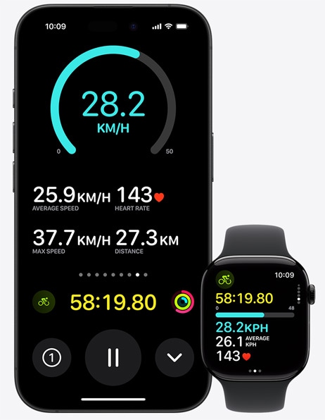 iPhone obok Apple Watch, który wyświetla wskaźniki treningu rowerowego