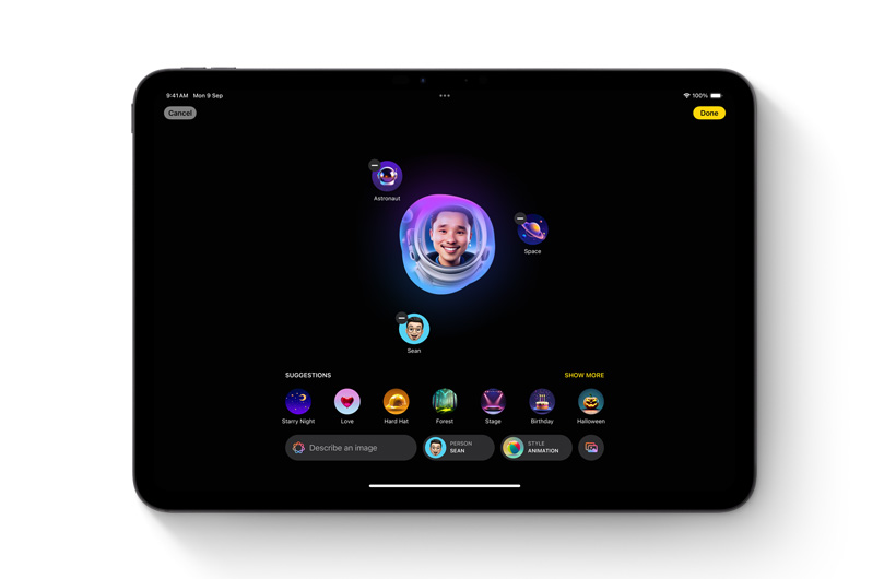 Image Playground app is shown on iPad. A custom image in the centre is surrounded by different ideas and keywords used to make it.