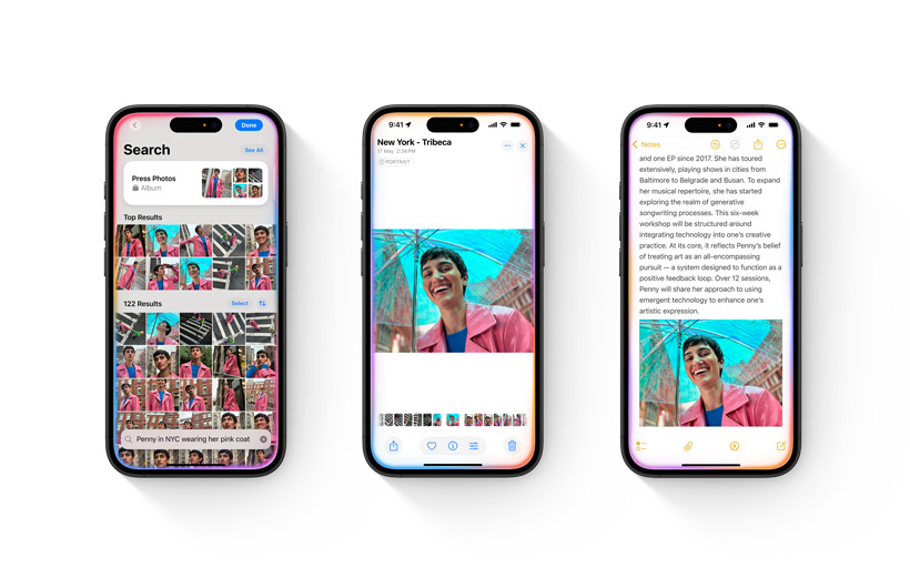 Photos library is shown on an iPhone along with a search description. A second iPhone is open to a single photo favourited based on the search. A third iPhone shows the photo incorporated into a note in the Notes app.