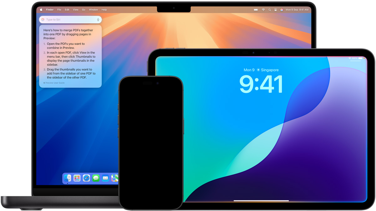 Mac, iPad and iPhone are shown with new Siri features powered by Apple Intelligence