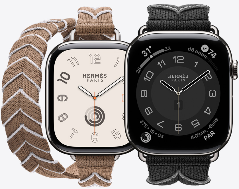 Front view of the continuous knit Bridon Attelage Double Tour and Bridon Single Tour straps in Beige de Weimar/Blanc (beige/white) and Noir/Gris (black/gray) with the Hermès Radial watch face and Hermès Circulaire watch face.