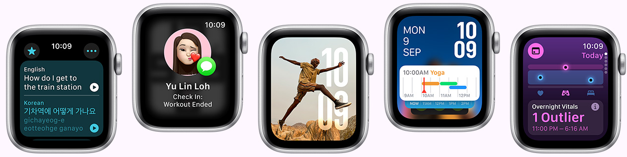 Multiple Apple Watch devices showing various watch face options