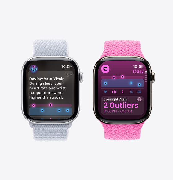 A review of your vitals notification on an Apple Watch Series 10 and the Vitals app showing overnight vitals with two outliers on an Apple Watch Series 10.