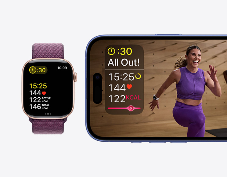 An Apple Fitness+ workout with time, heart rate and calories burned metrics on an iPhone next to an Apple Fitness+ workout showing the same metrics on an Apple Watch Series 10.