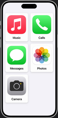 Simplified iPhone home screen showing Music, Calls, Messages, Photos, and Camera apps.
