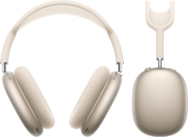 AirPods Max Putih Pucat Metalik difoto dari depan dan dari samping