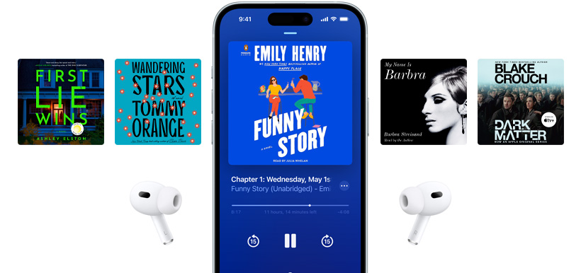 iPhone screen is centered, showing an audiobook in the Books app. Surrounding the phone are audiobook covers positioned in a horizontal layout.