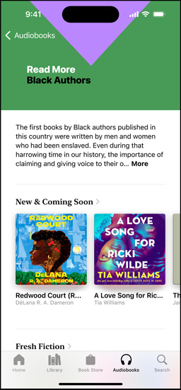 iPhone screen showing the Read More Black Authors section in the Books app, which includes an introduction about published Black authors. Below is the New and Coming Soon section, featuring two audiobooks